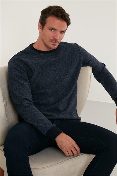 Slim Fit Bisiklet Yaka Pamuklu Erkek Kazak 456201 İNDİGO