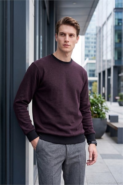 Slim Fit Bisiklet Yaka Pamuklu Erkek Kazak 456201 MÜRDÜM