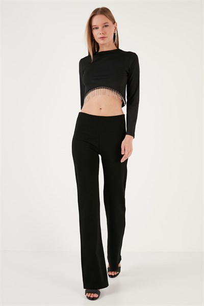 Slim Fit Bisiklet Yaka Zincirli Crop Kadın Bluz 5865397 SİYAH