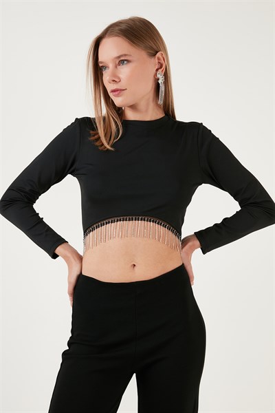 Slim Fit Bisiklet Yaka Zincirli Crop Kadın Bluz 5865397 SİYAH
