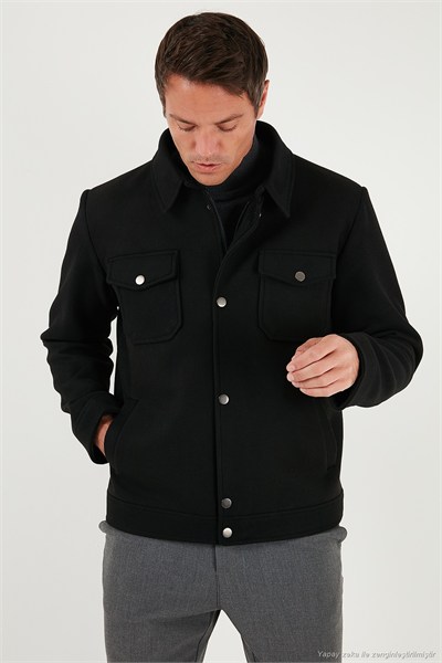 Slim Fit Ceket Yaka Astarlı Kaşe Erkek Kaban 58400347 SİYAH