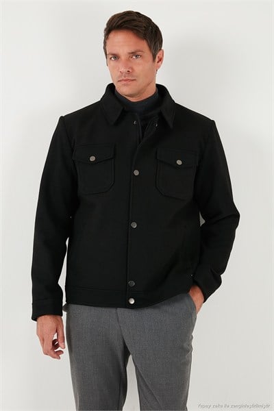 Slim Fit Ceket Yaka Astarlı Kaşe Erkek Kaban 58400347 SİYAH