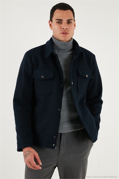 Slim Fit Ceket Yaka Astarlı Kaşe Erkek Kaban 58400347 LACİVERT