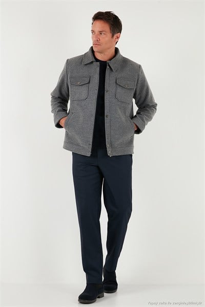 Slim Fit Ceket Yaka Astarlı Kaşe Erkek Kaban 58400347 AÇIK GRİ