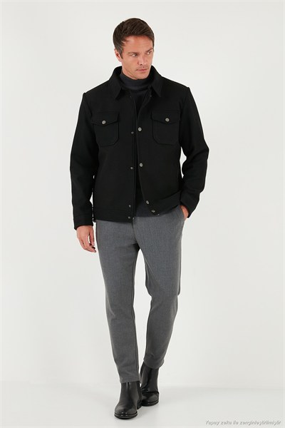 Slim Fit Ceket Yaka Astarlı Kaşe Erkek Kaban 58400347 SİYAH