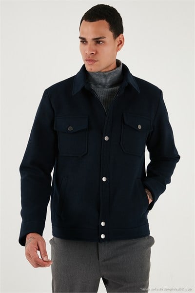 Slim Fit Ceket Yaka Astarlı Kaşe Erkek Kaban 58400347 LACİVERT
