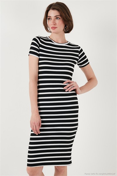 Slim Fit Çizgili Pamuklu Bisiklet Yaka Kısa Kollu Midi Kadın Elbise 5865700 SİYAH-BEYAZ