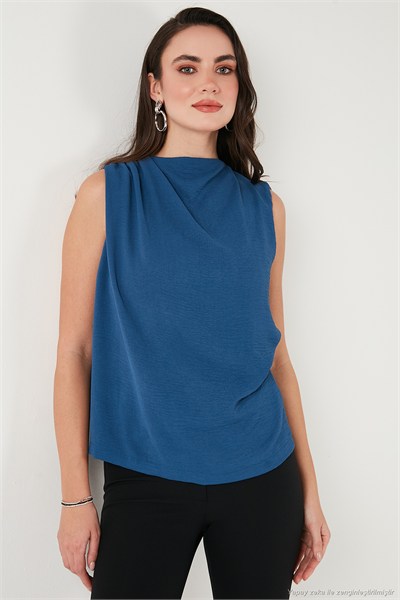Slim Fit Dik Yaka Omuz Büzgülü Kadın Bluz 6527836 İNDİGO