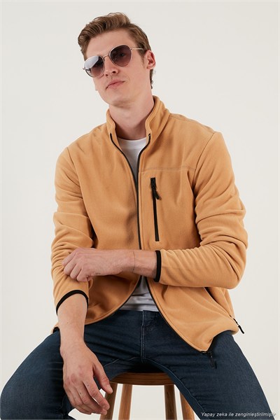 Slim Fit Fermuarlı Cepli Dik Yaka Soğuk Geçirmez Polar Erkek Hırka 5906028 VİZON