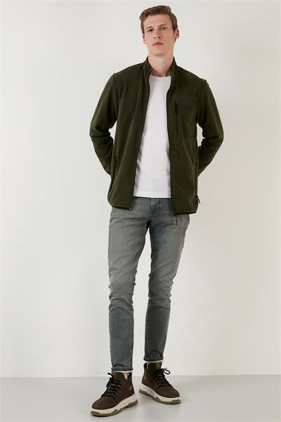 Slim Fit Fermuarlı Cepli Dik Yaka Soğuk Geçirmez Polar Erkek Hırka 5906028 HAKİ