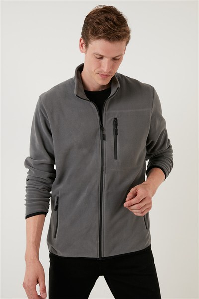 Slim Fit Fermuarlı Cepli Dik Yaka Soğuk Geçirmez Polar Erkek Hırka 5906028 GRİ