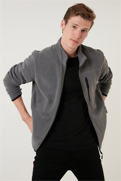 Slim Fit Fermuarlı Cepli Dik Yaka Soğuk Geçirmez Polar Erkek Hırka 5906028 GRİ