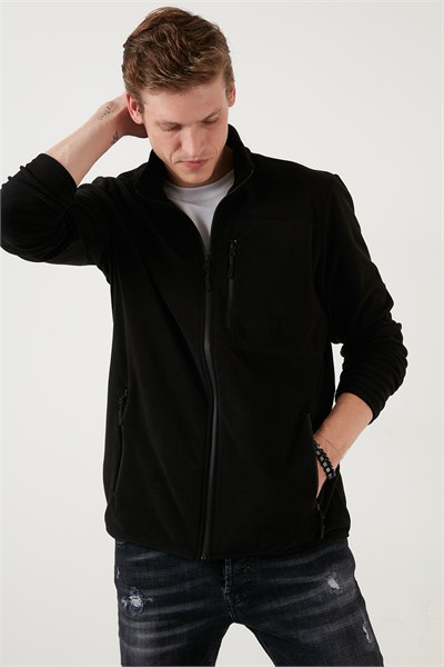Slim Fit Fermuarlı Cepli Dik Yaka Soğuk Geçirmez Polar Erkek Hırka 5906028 SİYAH