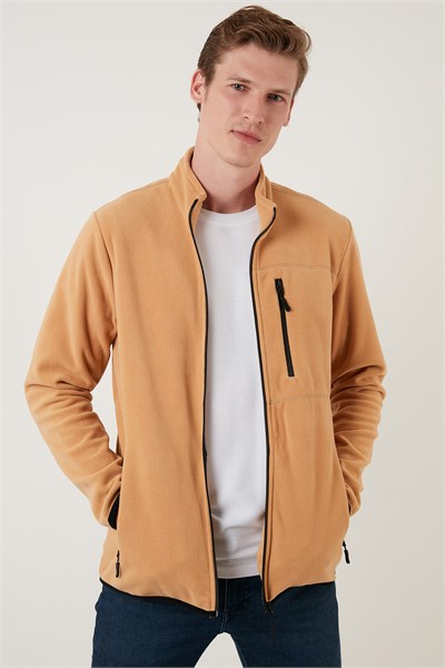 Slim Fit Fermuarlı Cepli Dik Yaka Soğuk Geçirmez Polar Erkek Hırka 5906028 VİZON