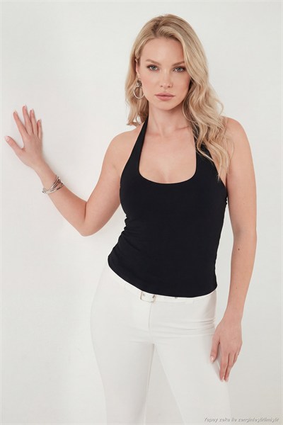 Slim Fit Halter Yaka Sırt Dekolteli İkili Paket Kadın Bluz 5866664 SİYAH-SİYAH
