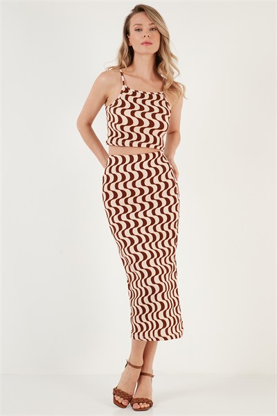 Slim Fit İp Askılı Yırtmaçlı Kadın Takım 5865278 KAHVE-BEYAZ