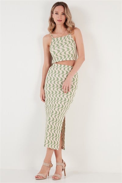 Slim Fit İp Askılı Yırtmaçlı Kadın Takım 5865278 YEŞİL-BEYAZ