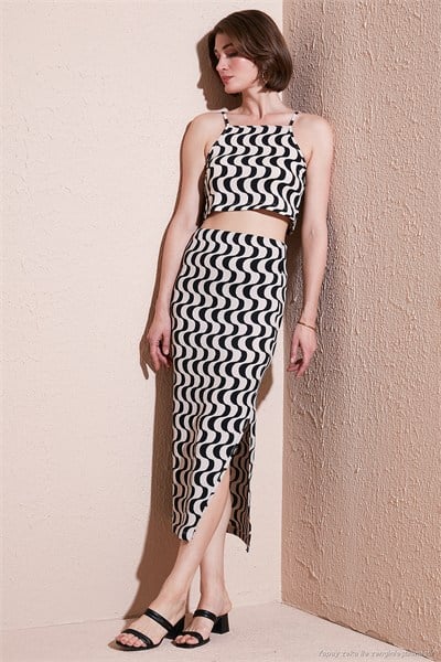 Slim Fit İp Askılı Yırtmaçlı Kadın Takım 5865278 SİYAH-BEYAZ