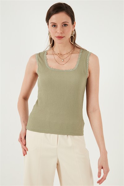 Slim Fit Kalın Askılı Dantelli Kare Yaka Bürümcük Kadın Atlet 5864979 Olive
