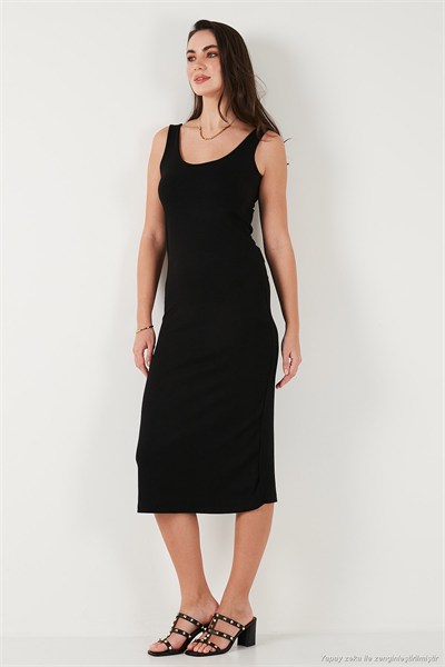 Slim Fit Kalın Askılı Midi Kadın Elbise 5866154 SİYAH