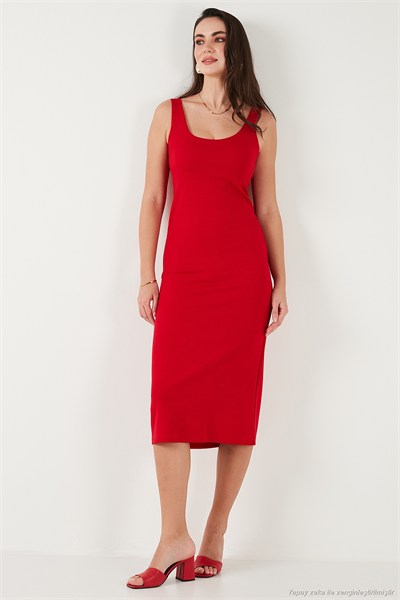 Slim Fit Kalın Askılı Midi Kadın Elbise 5866154 KIRMIZI