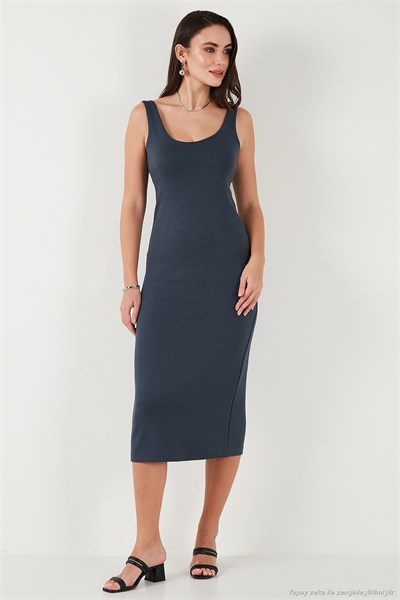 Slim Fit Kalın Askılı Midi Kadın Elbise 5866154 FÜME
