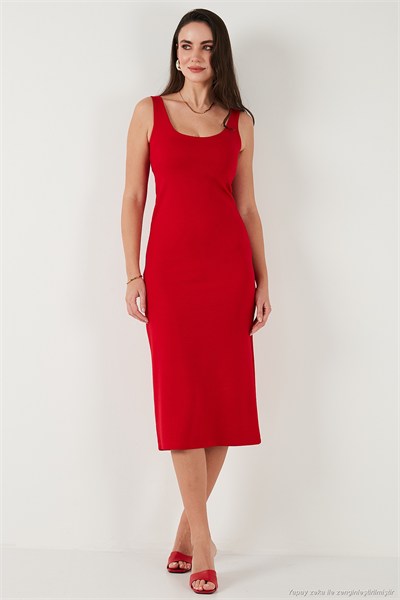Slim Fit Kalın Askılı Midi Kadın Elbise 5866154 KIRMIZI