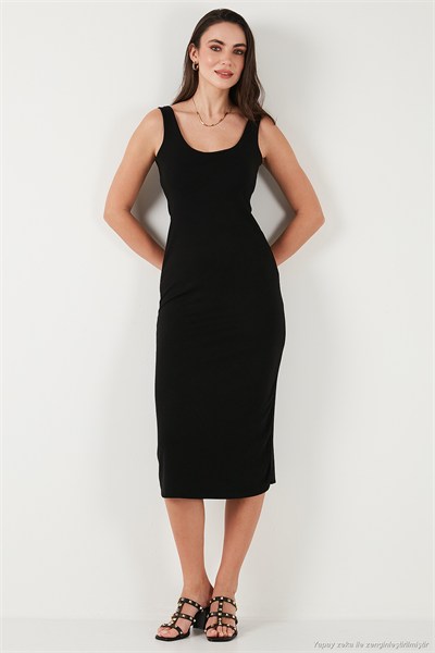 Slim Fit Kalın Askılı Midi Kadın Elbise 5866154 SİYAH