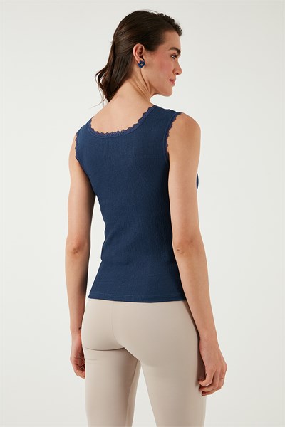 Slim Fit Kalın Dantelli Kare Yaka Bürümcük 2li Paket Kadın Atlet 5864979S2 Ekru-İndigo