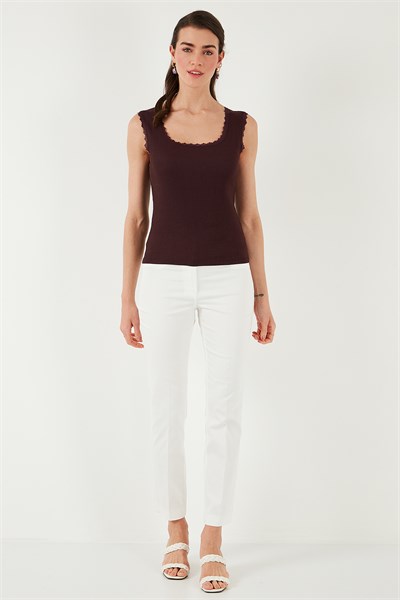 Slim Fit Kalın Dantelli Kare Yaka Bürümcük 2li Paket Kadın Atlet 5864979S2 EKRU-VİŞNE