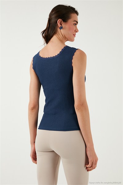Slim Fit Kalın Dantelli Kare Yaka Bürümcük 2li Paket Kadın Atlet 5864979S2 İNDİGO-VİŞNE