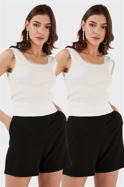 Slim Fit Kalın Dantelli Kare Yaka Bürümcük 2li Paket Kadın Atlet 5864979S2 EKRU-EKRU