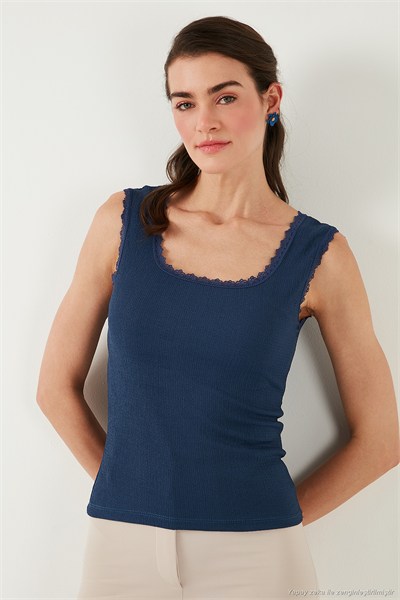 Slim Fit Kalın Dantelli Kare Yaka Bürümcük 2li Paket Kadın Atlet 5864979S2 Olive-İNDİGO