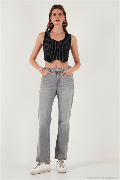 Slim Fit Kalp Yaka Düğmeli Kalın Askılı Crop Kadın Yelek 5865497 BEYAZ-SİYAH