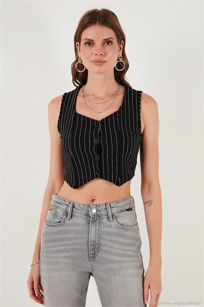 Slim Fit Kalp Yaka Düğmeli Kalın Askılı Crop Kadın Yelek 5865497 BEYAZ-SİYAH