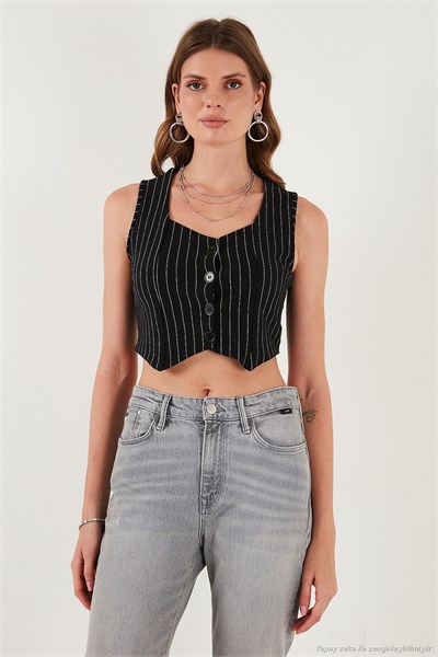 Slim Fit Kalp Yaka Düğmeli Kalın Askılı Crop Kadın Yelek 5865497 BEYAZ-SİYAH