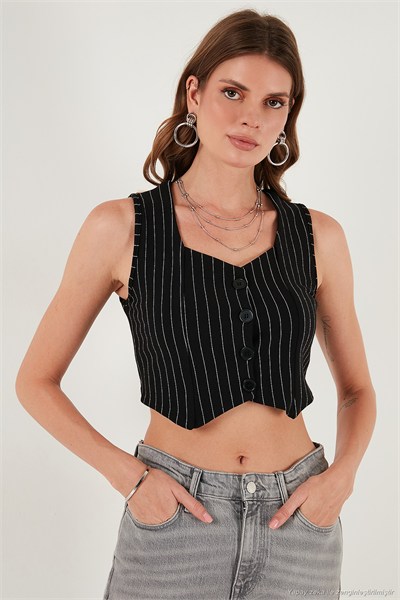 Slim Fit Kalp Yaka Düğmeli Kalın Askılı Crop Kadın Yelek 5865497 BEYAZ-SİYAH