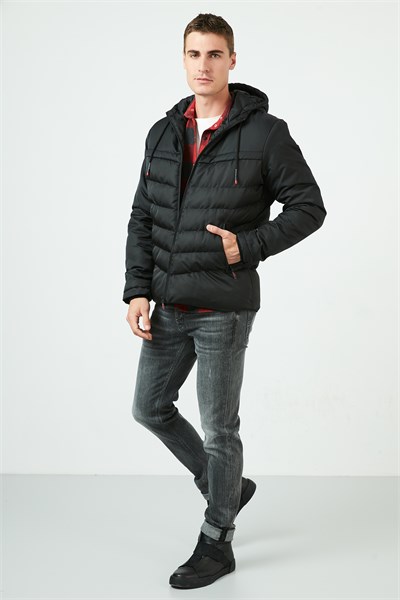 Slim Fit Kapüşonlu Cepli % 100 Pamuk Erkek Mont 5712070 SİYAH-SİYAH