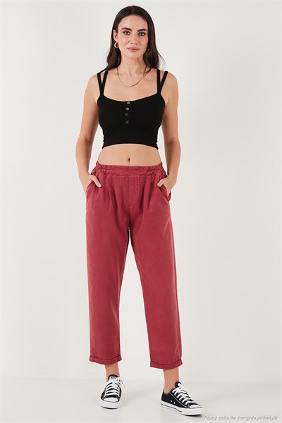 Slim Fit Normal Bel Boru Paça Kadın Pantolon 668YP5372 BORDO