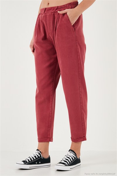 Slim Fit Normal Bel Boru Paça Kadın Pantolon 668YP5372 BORDO