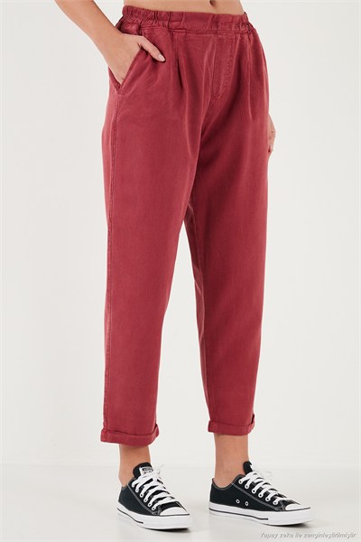 Slim Fit Normal Bel Boru Paça Kadın Pantolon 668YP5372 BORDO