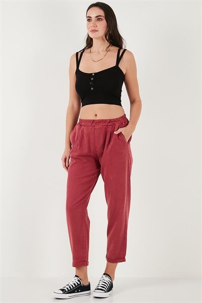 Slim Fit Normal Bel Boru Paça Kadın Pantolon 668YP5372 BORDO