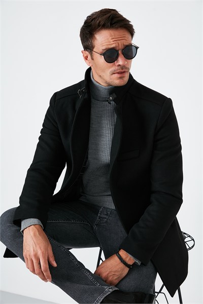 Slim Fit Pamuklu Kaşe Erkek Kaban 5841012 SİYAH