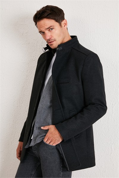 Slim Fit Pamuklu Kaşe Erkek Kaban 5841012 FÜME