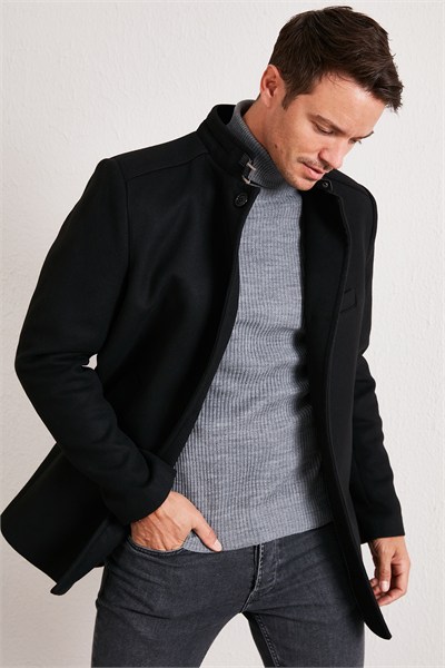 Slim Fit Pamuklu Kaşe Erkek Kaban 5841012 SİYAH