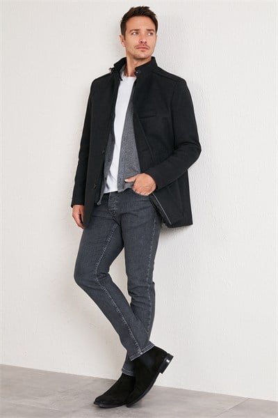 Slim Fit Pamuklu Kaşe Erkek Kaban 5841012 FÜME