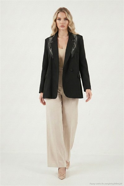 Slim Fit Şal Detaylı Kruvaze Yaka Kadın Ceket 6927665 SİYAH