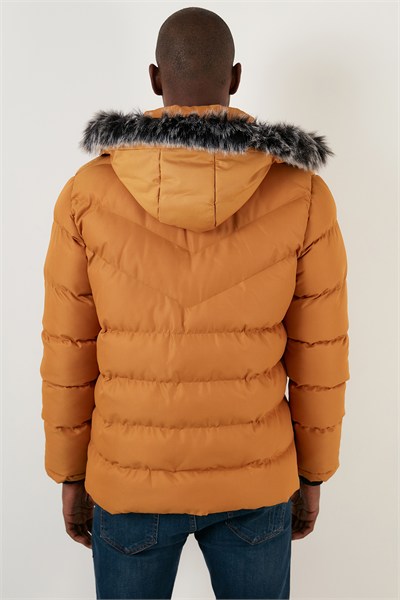 Slim Fit Suni Kürklü Peluş Astarlı Çıkarılabilir Kapüşonlu Şişme Erkek Mont 5761080 B HARDAL
