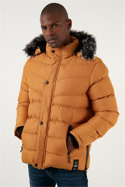 Slim Fit Suni Kürklü Peluş Astarlı Çıkarılabilir Kapüşonlu Şişme Erkek Mont 5761080 B HARDAL