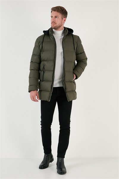 Slim Fit Suya ve Rüzgara Dayanıklı Çıkarılabilir Kapüşonlu Şişme Erkek Mont 649009 HAKİ